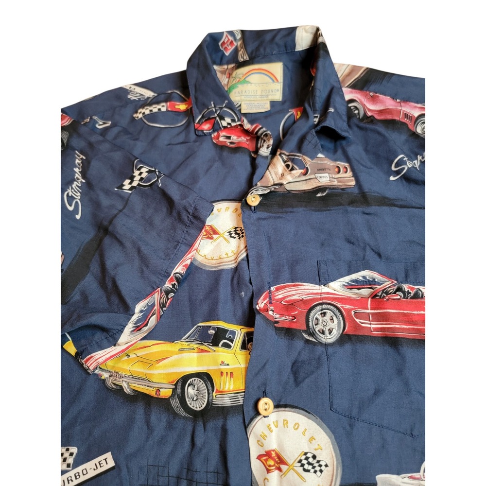 Paradise Found Corvette Hawaiian Shirt Mens L Navy Blue Excellent GM Stingray